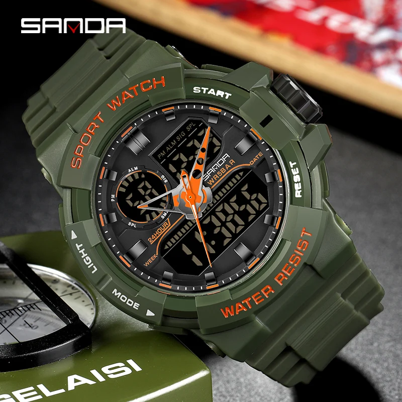 

SANDA Sports Watches 50M Waterproof Men Military Watch Multifunctional Chronograph Dual Display Clock Luminous LED Reloj Hombre