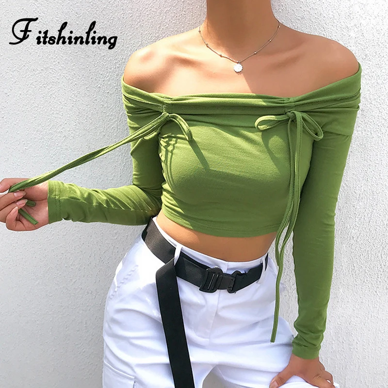 Fitshinling Bow Knot Off Shoulder Crop Top Green Slim Long Sleeve Female T-Shirt Cotton Streetwear Fashion T Shirt Women Clothes
Fitshinling Bow Knot Off Shoulder Crop Top Green Slim Long Sleeve Female T-Shirt Cotton Streetwear Fashion T Shirt Women Clothes