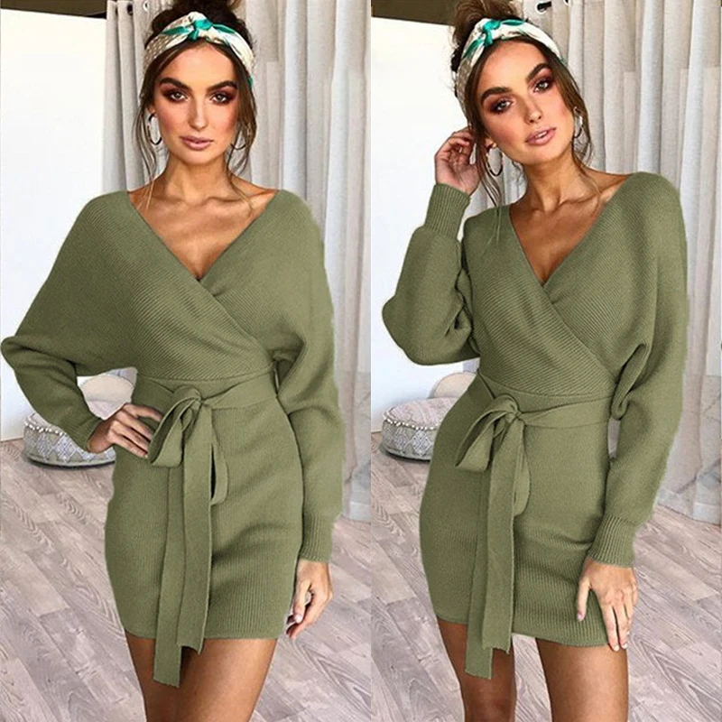 Autumn Winter Knitted Dress Plus Size Sexy Deep V-neck Package Hip Sweater Dresses Solid Color Long Sleeved Ladies Mini Vestidos
Autumn Winter Knitted Dress Plus Size Sexy Deep V-neck Package Hip Sweater Dresses Solid Color Long Sleeved Ladies Mini Vestidos