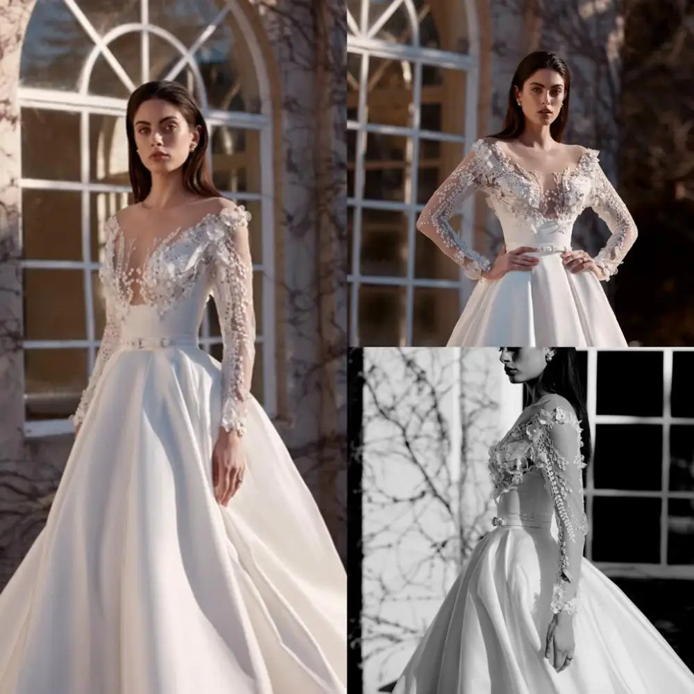 

2021 Wedding Dresses Long Sleeves Appliques Lace Satin A Line Bridal Gowns Custom Made Sweep Train Robe De Soiree
