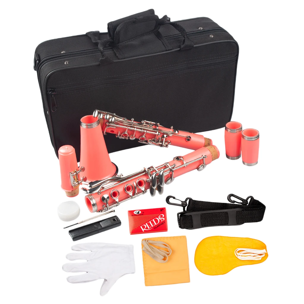 B Clarinet, With 17 Keys, PVC Plastic Bb Flat Clarinet Set, Incl. Bag, Cork Grease, Cleaning Cloth, Mouthpiece, Strap - Pink B Clarinet, With 17 Keys, PVC Plastic Bb Flat Clarinet Set, Incl. Bag, Cork Grease, Cleaning Cloth, Mouthpiece, Strap - Pink