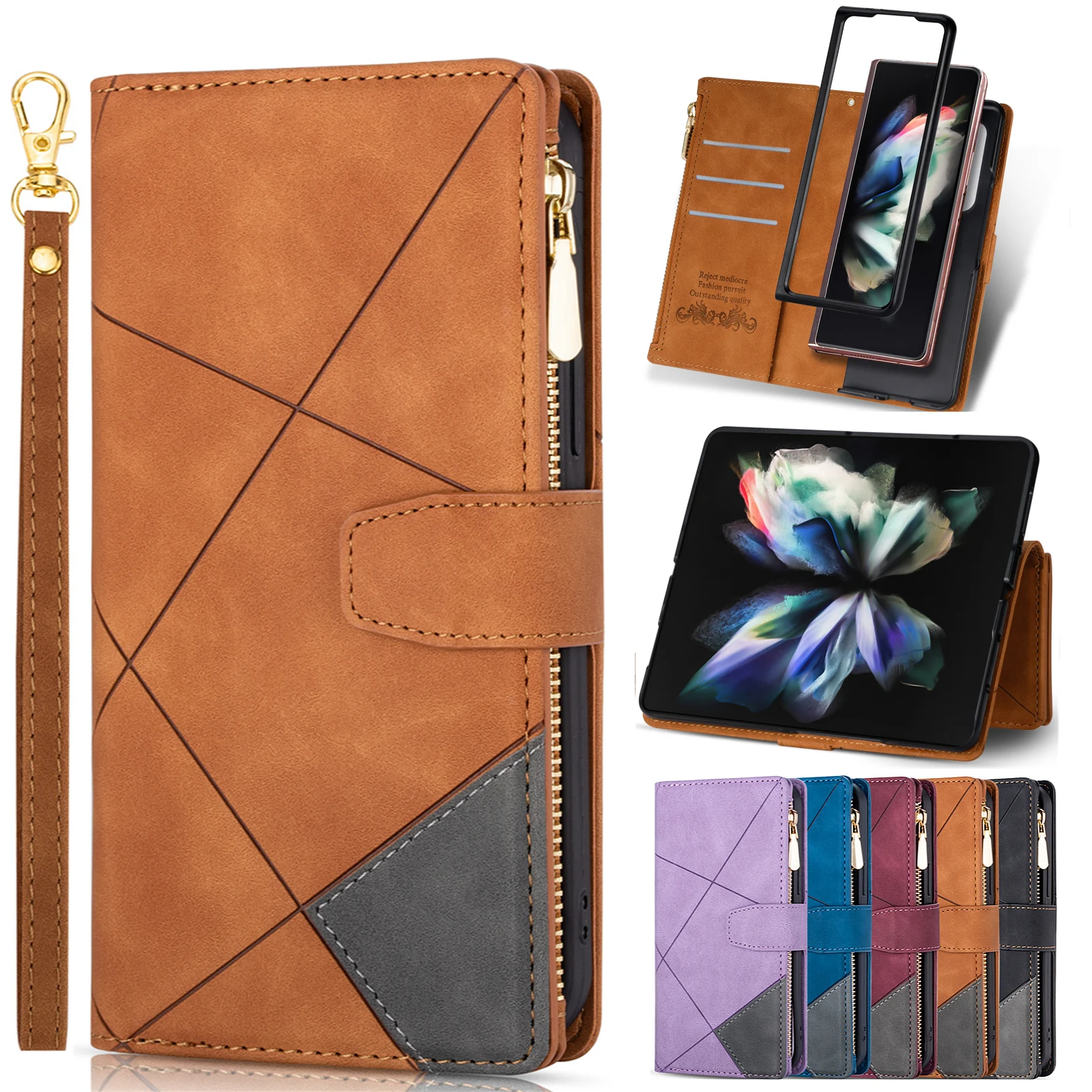 

Leather Case For Samsung Galaxy Z Fold 5 4 3 5G Fold5 Fold4 Fold3 5G Card Holder Wrist Strap Handbag Magnetic Folio Wallet Cover