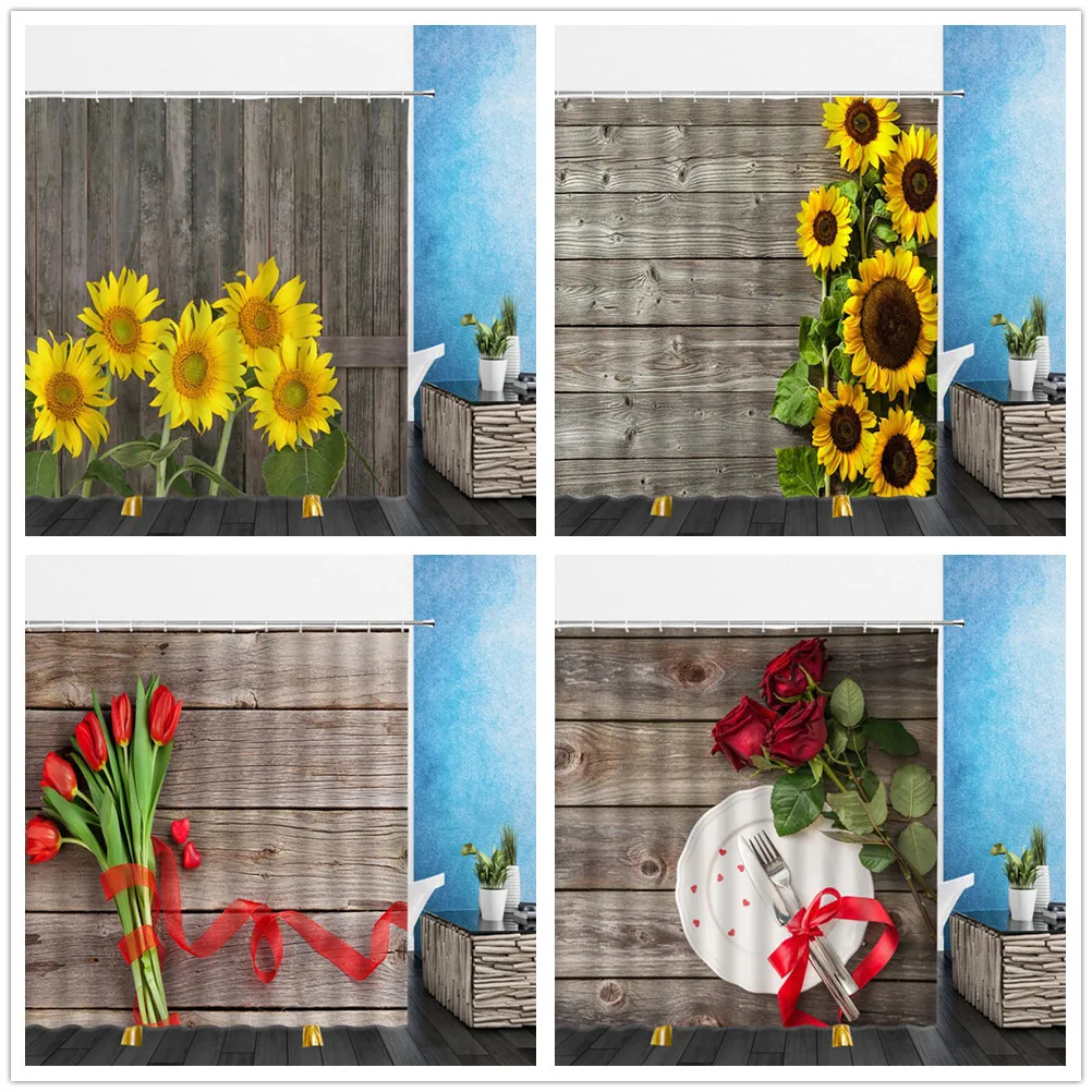 

Flowers Shower Curtains Valentine's Day Red Rose Yellow Sunflower 3D Bathroom Home Decor Waterproof Polyester Cloth Curtain Set