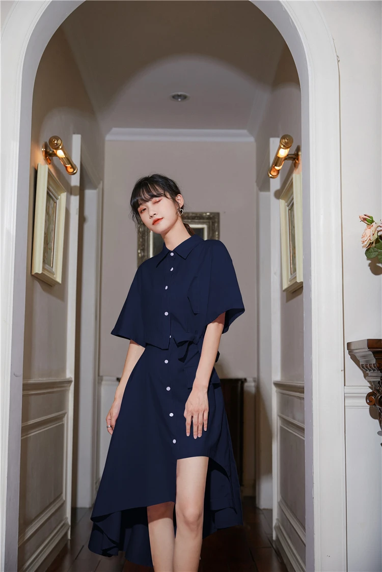 H665aefe59af44b9abb062aa7907bdb75m - Summer Korean Turn-Down Collar Short Sleeves Buttons Lace-Up Asymmetrical Long Shirt Dress