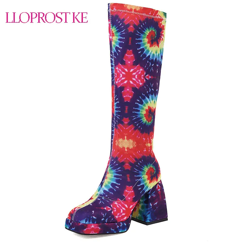 

Lloprost ke Fashion Mixed Colors Knee High Boots Women Chunky High Heel Long Boots Slip On Autumn Winter Square Toe Woman Boots