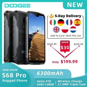 

DOOGEE S68 Pro Rugged Phone Helio P70 Octa Core 6GB 128GB Wireless Charge NFC 6300mAh 12V2A Charge 5.9 inch FHD+ IP68 Waterproof