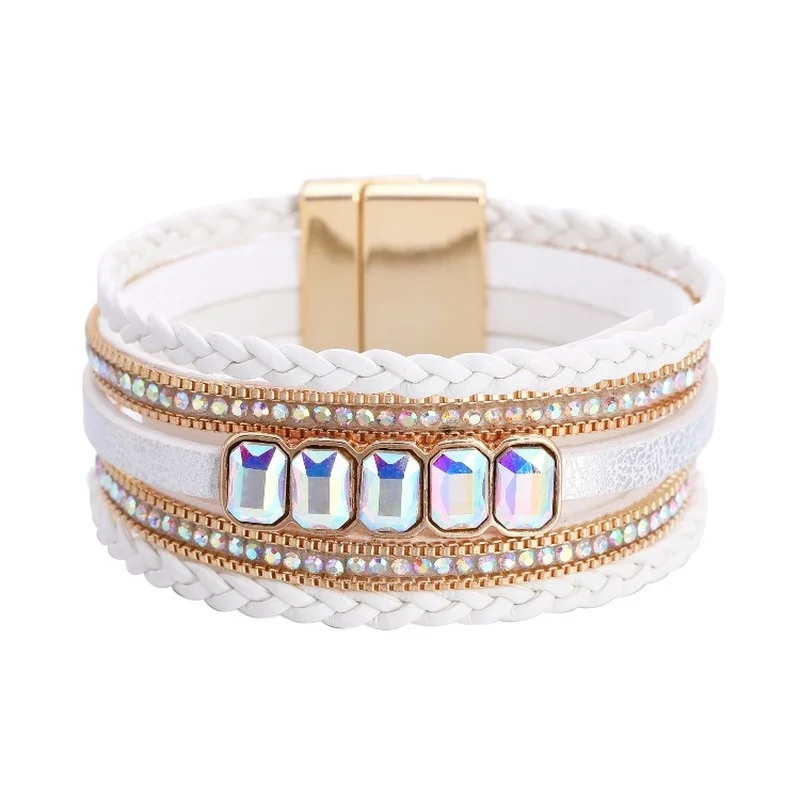 

Fashion Bracelet Ladies Bohemian Multilayer Wrap Braided Leather Color Crystal Girl Bracelets Wholesale Charm Bangles for Women