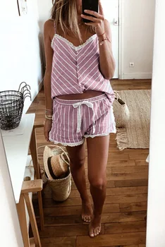 

Women Striped Sleeveless 2020 Summer Pajama Sets Floral Lace Insert Neck Pijama Sleepwear Pyjamas Set Plus Size 2XL Nightwear