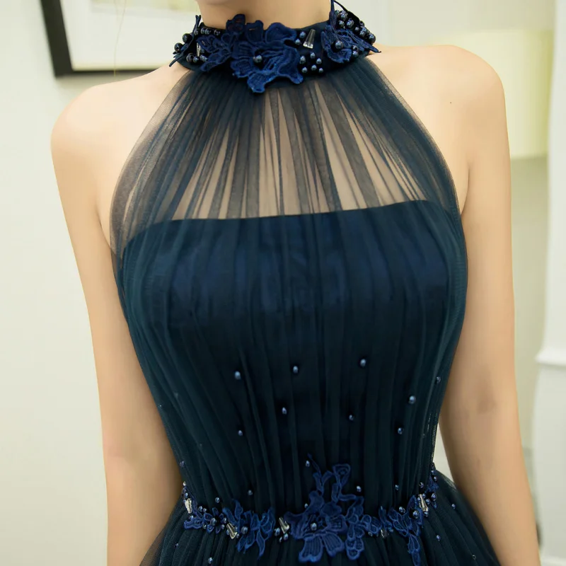 

New Elegant Navy Blue Arabic Long Evening Dress 2023 Halter A-line Tulle Off the Shoulder Prom Party Gown Black Abendkleider