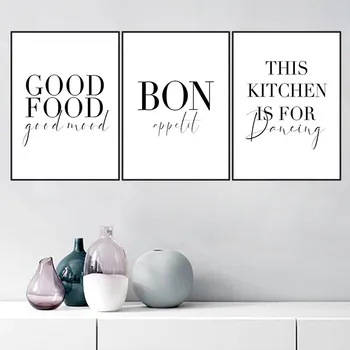 좋은 음식 좋은 분위기 Bon Appetit 인용 캔버스 회화 블랙 화이트 벽 아트 포스터 인쇄 부엌 홈 장식 TB104