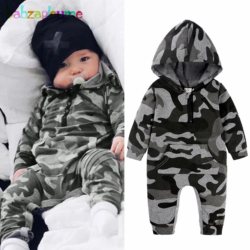 

2020 Spring Newborn Baby Clothes Fashion Casual Long Sleeve Hooded Camouflage Print Boys Jumpsuit Cotton Infant Rompers BC1423