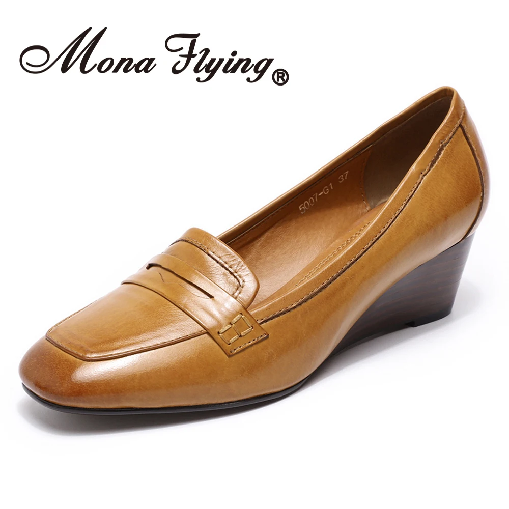 Мона Летающий женская обувь из воловьей кожи Кожаные туфли лодочки на каблуке
