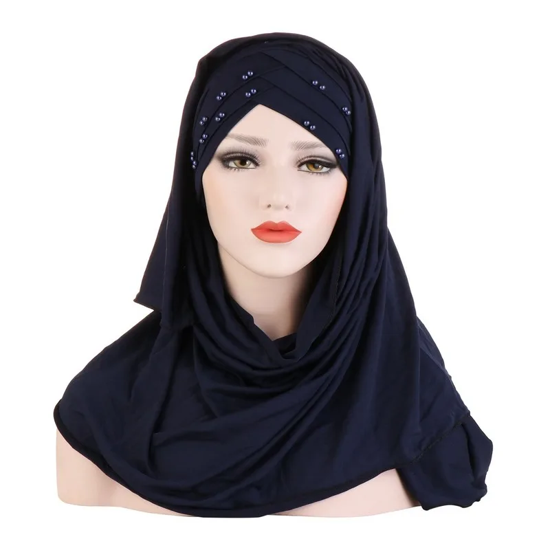 

Muslim cotton scarf plain hijabs with bead shawls and wraps femme musulman hijab ready to wear turban women head scarves