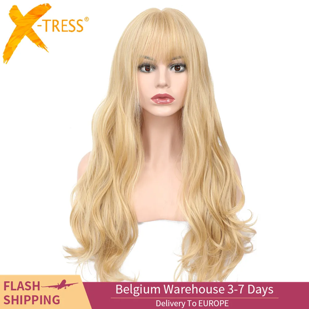 X-TRESS Gold Blonde Colored Synthetic Wigs For Women Body Wave Machine Made Wig With Bangs High Temperature Fiber Hairpiece
X-TRESS Gold Blonde Colored Synthetic Wigs For Women Body Wave Machine Made Wig With Bangs High Temperature Fiber Hairpiece