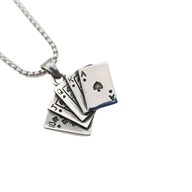 

Antique Silver color 10JQKA Pocker pendant necklace Stainless steel Playing cards Royal flush necklace Rock jewelry BLKN0797