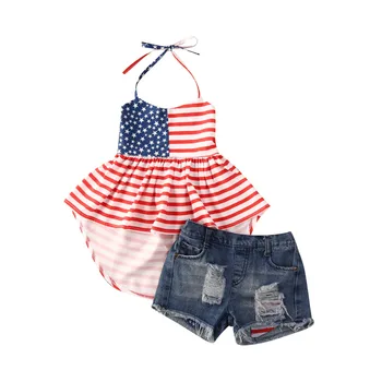 Summer Kids Baby Girl Independence Day Clothes Sets Kids Girls Striped Print Sleeveless Halter Mini Dress Tops+Denim Shorts 1-6Y 
Summer Kids Baby Girl Independence Day Clothes Sets Kids Girls Striped Print Sleeveless Halter Mini Dress Tops+Denim Shorts 1-6Y