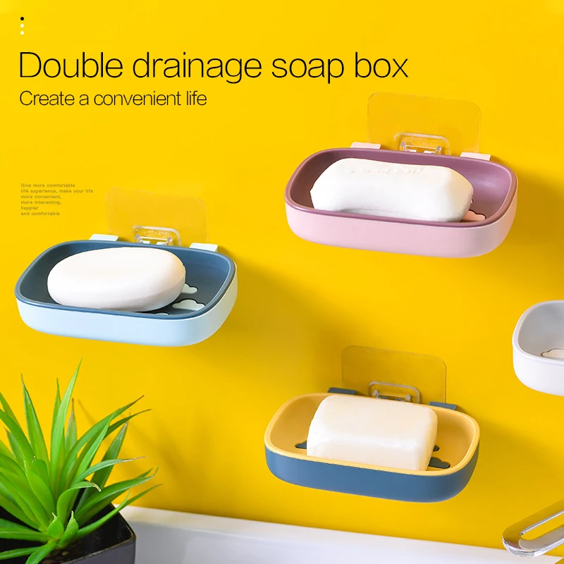 

Bathroom Shower Soap Box Plastic Dish Wall Sticker Mounted Soap Hanging Drain Storage Plate Tray Holder Case 2 Stack Dishes