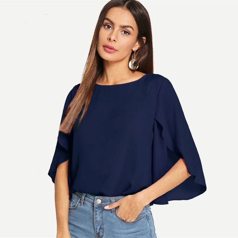 

Casual Split Flounce Sleeve Solid Top Women Blouses Half Sleeve Chiffon Blouse Office Ladies Workwear Womens Clothing Summer