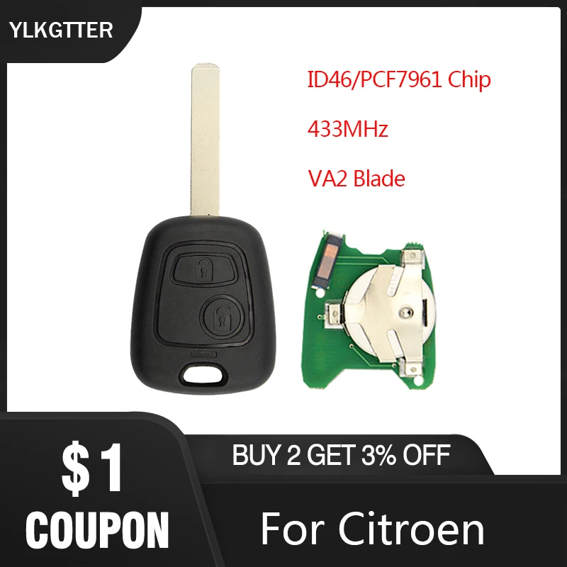 YLKGTTER 2 Buttons Remote Keyless Entry Key Fob For Citroen C1 C3 with 433MHZ ID46 Chip Replacement Car Key VA2 Blade
YLKGTTER 2 Buttons Remote Keyless Entry Key Fob For Citroen C1 C3 with 433MHZ ID46 Chip Replacement Car Key VA2 Blade