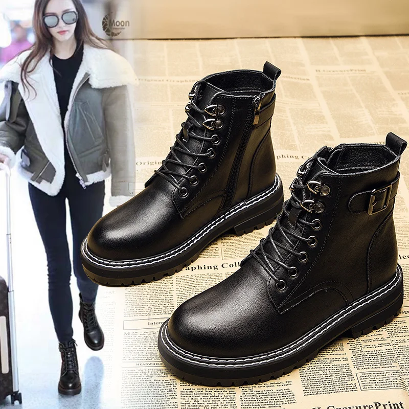 Handsome Boots Woman 2019 Winter Increase Down England Wind Short Boots Genuine Leather