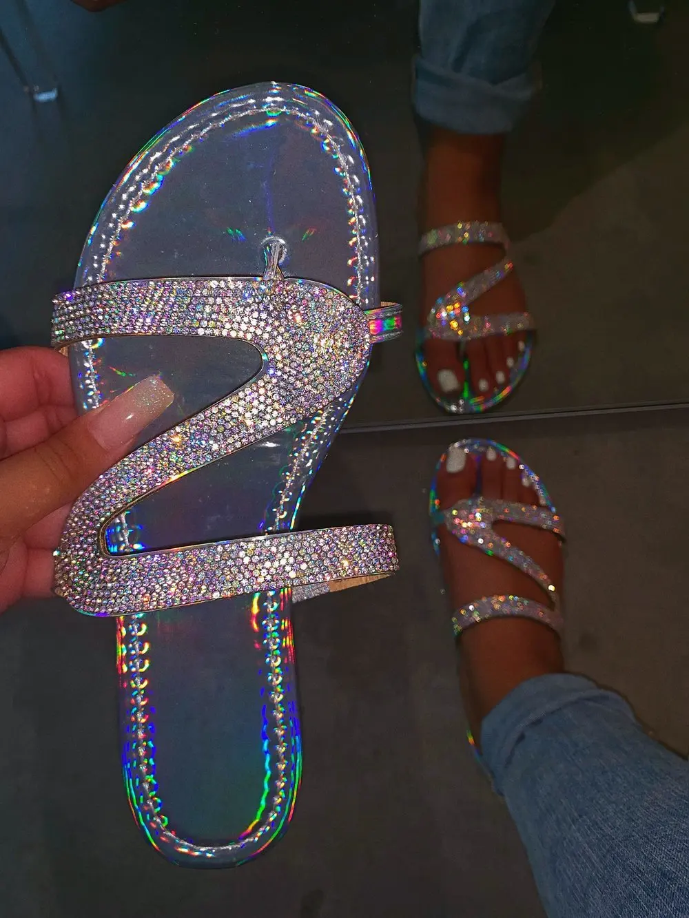 rhinestone flat sandals women's shoes