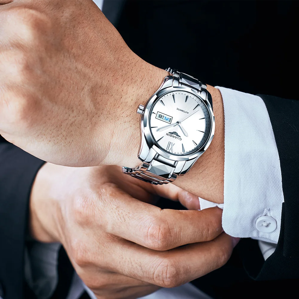 GUANQIN Automatic Mechanical Men Watch Tungsten Steel Luminous Watches Date Calendar Japanese Movement Watch with Leather Strap
GUANQIN Automatic Mechanical Men Watch Tungsten Steel Luminous Watches Date Calendar Japanese Movement Watch with Leather Strap