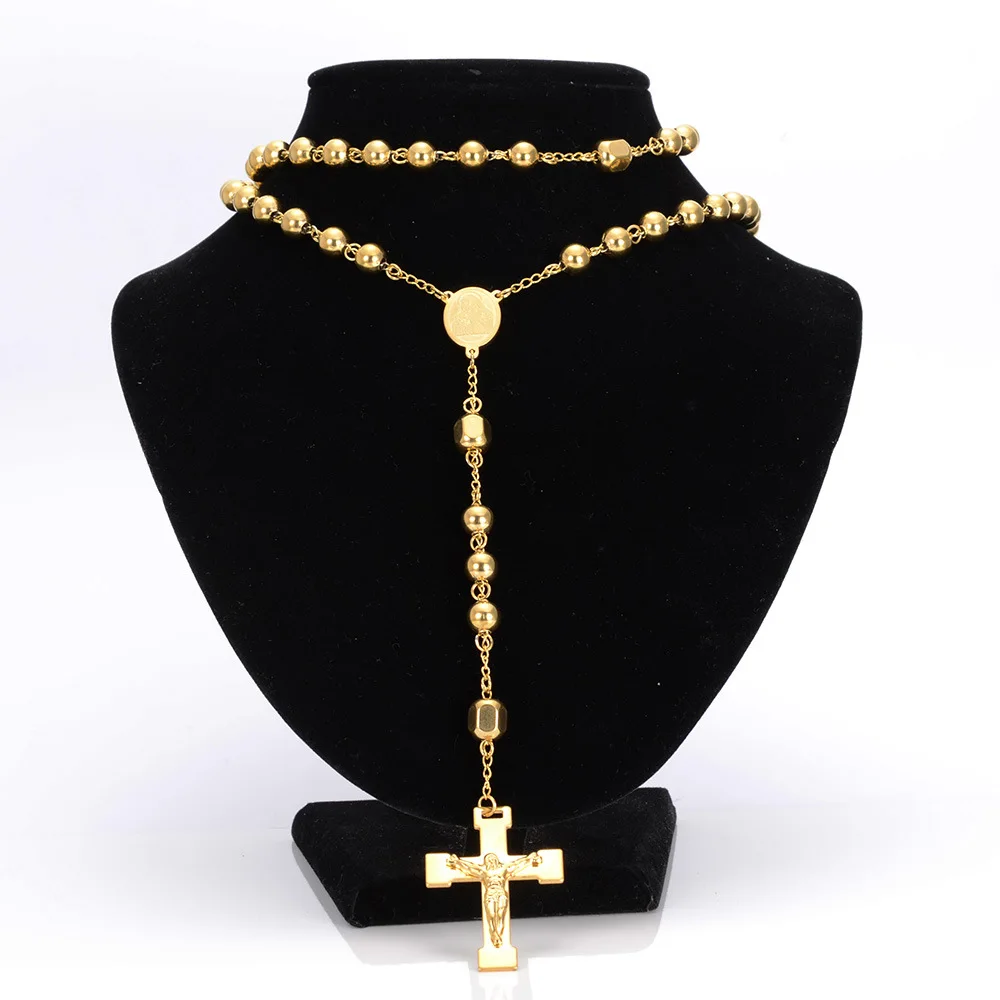 

Chic Gold Stainless Steel Rosary Beads Chain Necklace for Women Men Ball Handmade Crucifix Jesus Pendant Religious Cross Jewelry