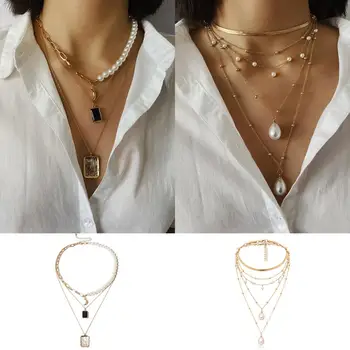 

Punk Multi Layered Waterdrop Pearl Choker Necklace gem OT button Collar Statement Pendant Necklace Gold Chain Women Jewelry