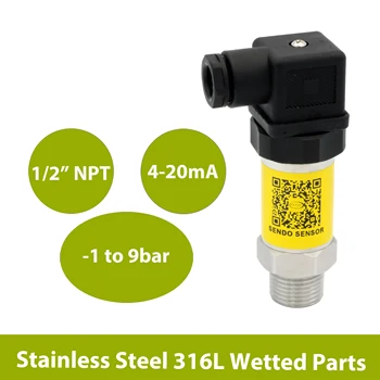 -1 to 9bar sensor transducer, pressure transmitter, 4 20mA amplified signal, 9V 30V dc, 1 2NPT thread, AISI 316L wetted parts
-1 to 9bar sensor transducer, pressure transmitter, 4 20mA amplified signal, 9V 30V dc, 1 2NPT thread, AISI 316L wetted parts