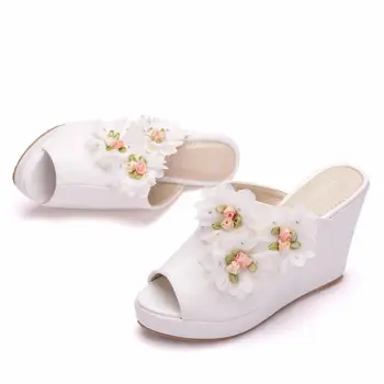 White flower fish mouth slipe sandals shoes platform Roman big size 34-41 wedge bride sandals 
White flower fish mouth slipe sandals shoes platform Roman big size 34-41 wedge bride sandals