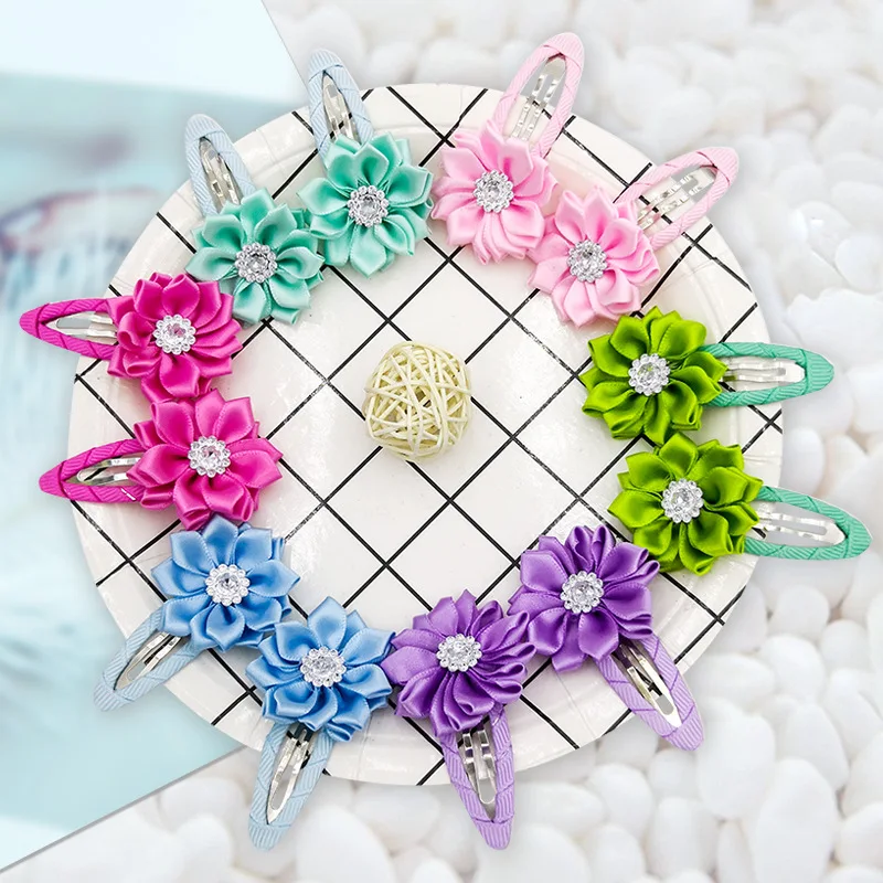 

6pairs/lot New Fashion Ribbon Crystal Flower Hairclips Solid Diamond-encrusted Barrettes Kids Hairpins Hair Accessories Hairbows