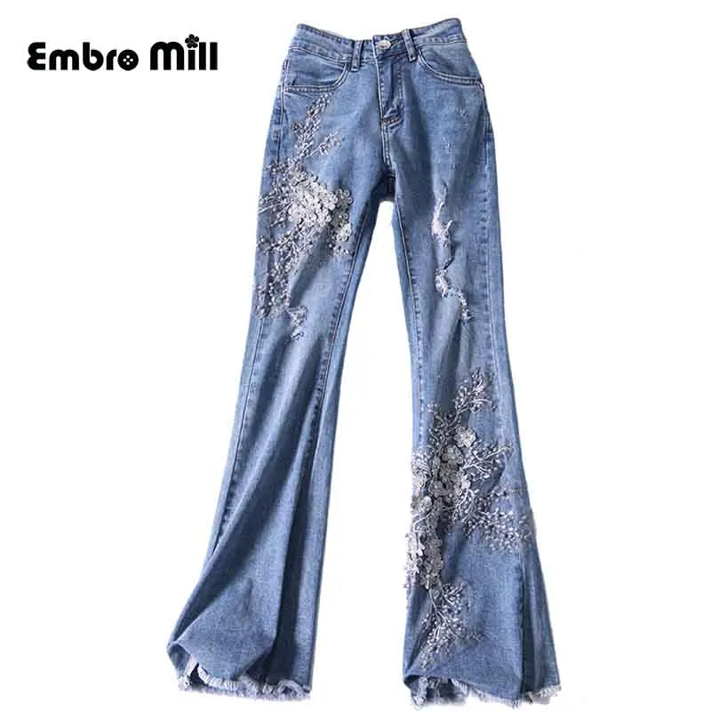Spring and summer Flare Pants Streetwear style hree-dimensional flower embroidery Light blue Women long Jeans plus size S-3XL
Spring and summer Flare Pants Streetwear style hree-dimensional flower embroidery Light blue Women long Jeans plus size S-3XL