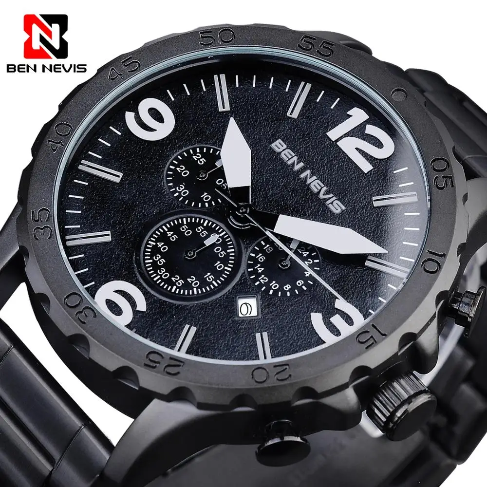 

Quartz Watch Men BEN NEVIS Chronograph Waterproof Watch Male Black Sports Large Wristwatch Military Clock Horloges Mannen