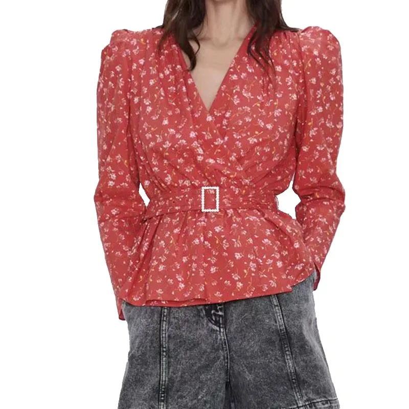 CS954 Autumn Women Deep V Neck Red Color Tiny Floral Print Long Sleeve Slim Waist Rhinestone Buckle Belt Deco Blouse Tops
CS954 Autumn Women Deep V Neck Red Color Tiny Floral Print Long Sleeve Slim Waist Rhinestone Buckle Belt Deco Blouse Tops