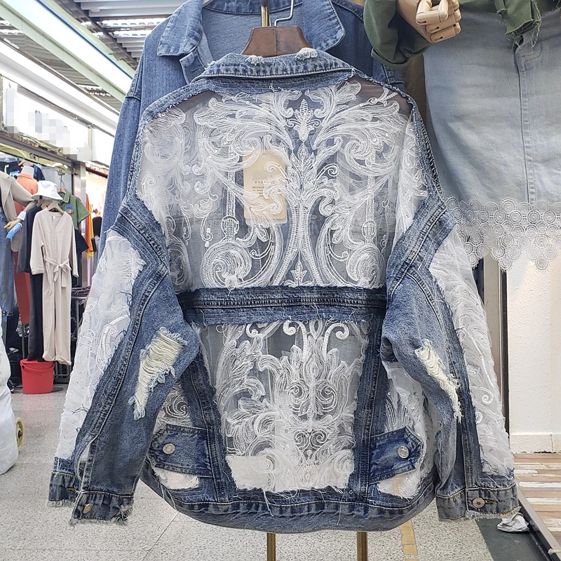 Cakucool Denim jacket Autumn vintage ethnic mesh embroidery holes loose coat fairy chic Outerwear jaqueta fashion women 2020 | Женская