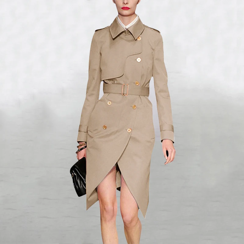 

Khaki Trench Coat Midi Long Designer Office Ladies Belt Autumn Turndown Collar Runway Double Breasted Slim Korean Women Trench