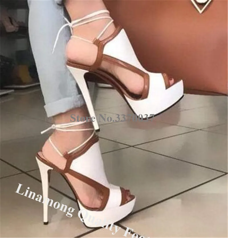 Linamong Fashion Peep Toe Brown White Patchwork High Platform Stiletto Heel Sandals Lace Cross-up High Heel Sandals Wedding Shoe
Linamong Fashion Peep Toe Brown White Patchwork High Platform Stiletto Heel Sandals Lace Cross-up High Heel Sandals Wedding Shoe