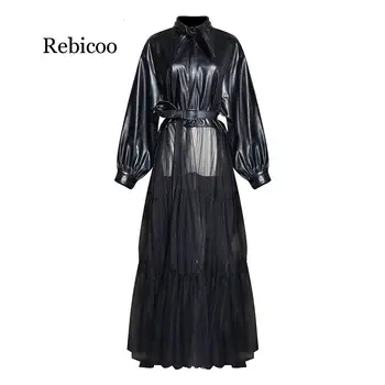 New Fashion Autumn Winter Lapel Long Sleeve Belt PU Leather Stitching Perspective Mesh Long Jacket Loose Coat 
New Fashion Autumn Winter Lapel Long Sleeve Belt PU Leather Stitching Perspective Mesh Long Jacket Loose Coat