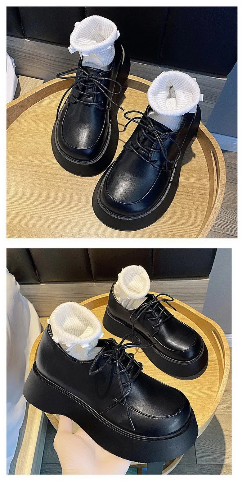 Platforms Shoes Women Bottom Heels Woman Autumn Shoes Round Big toe Shoe British Style Girls Faves Footwear Slip On Black