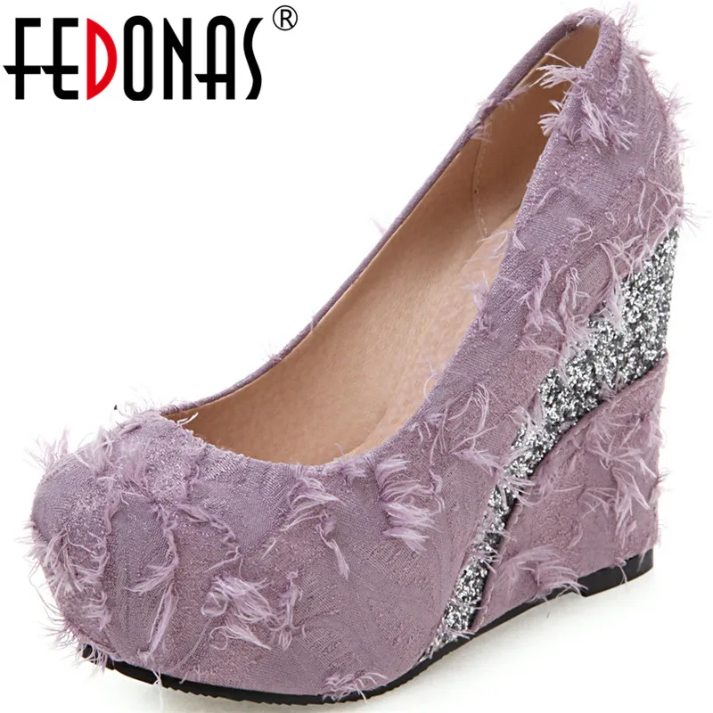 FEDONAS Women Pumps Cloth Glitters Bling Bling Brand Design Round Toe High Heels Prom Shoes Spring Summer Shoes Woman