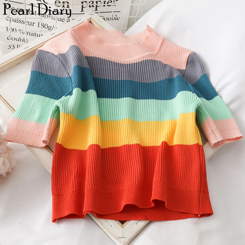 Pearl Dairy Knitted Rib Tshirts Women Rainbow Striped Crop Tees Round Neck Short Sleeve Slim Fit Vacations Sweet Knit Crop Tops
Pearl Dairy Knitted Rib Tshirts Women Rainbow Striped Crop Tees Round Neck Short Sleeve Slim Fit Vacations Sweet Knit Crop Tops