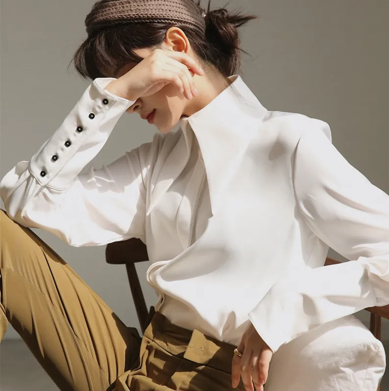 England Style Vintage Blouse 2020 Autumn White Lantern Long Sleeve Big Pointed Lapel Simple Comfortable Loose Shirt Women
England Style Vintage Blouse 2020 Autumn White Lantern Long Sleeve Big Pointed Lapel Simple Comfortable Loose Shirt Women