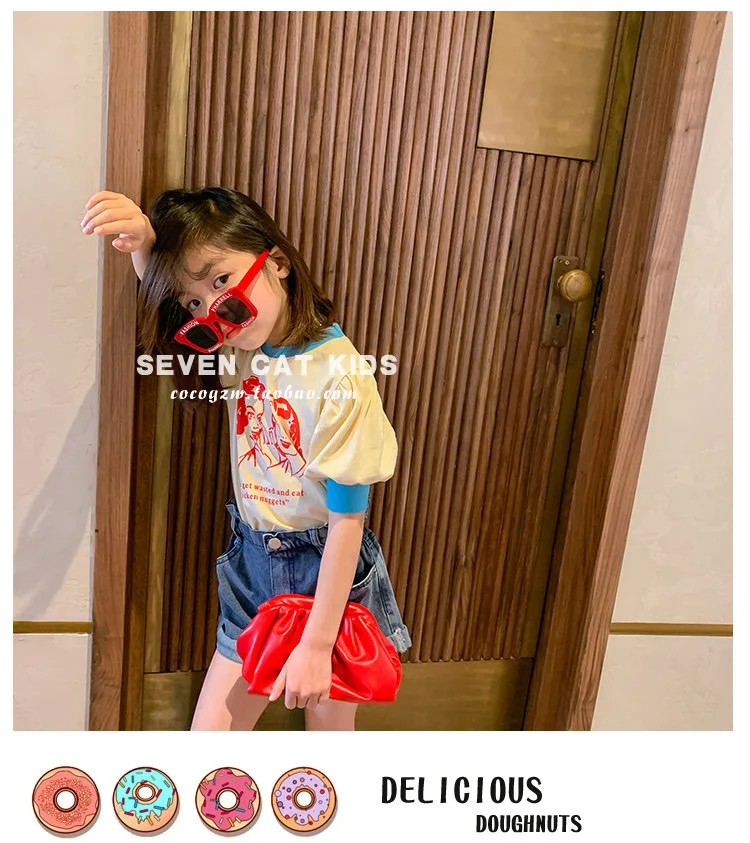 Summer short-sleeved girl T-shirt round neck bubble sleeve top fashion design sense American clothes medium large girl clothes Summer short-sleeved girl T-shirt round neck bubble sleeve top fashion design sense American clothes medium large girl clothes