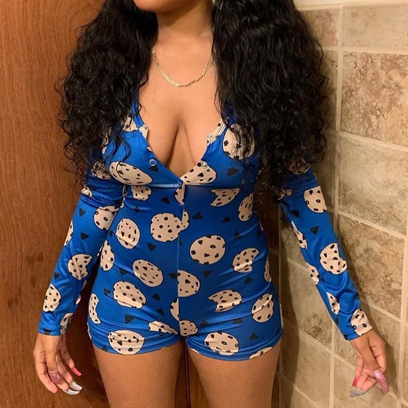 Women Sexy V-Neck Short Sleeve Bodycon Bodysuit Casual Printed Button Sleepwear Jumpsuit Shorts Romper Leotard for Summer