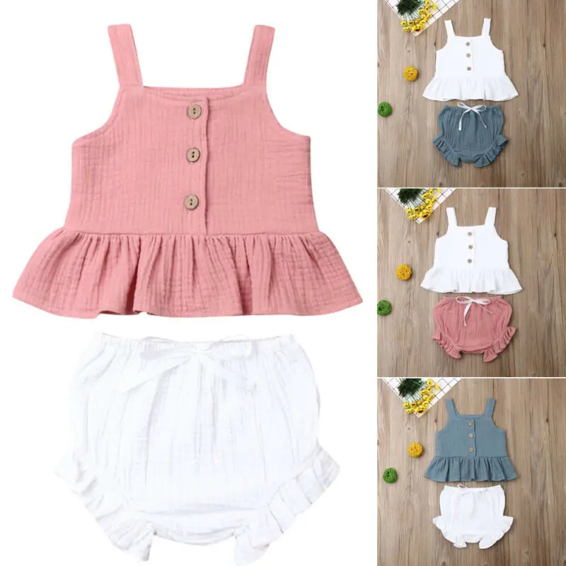 Фото Summer Toddler 2Pcs Soft Cotton Linen Newborn Kids Baby Girls Cropped Tank Top Shorts Party Outfit Children 1-6 Years | Мать и ребенок