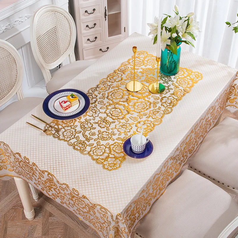 Gilded Embroidery PVC Tablecloth Flexible Glass Table Protector Coffee Table Cover Waterproof Table Mat for Wedding Party
Gilded Embroidery PVC Tablecloth Flexible Glass Table Protector Coffee Table Cover Waterproof Table Mat for Wedding Party
