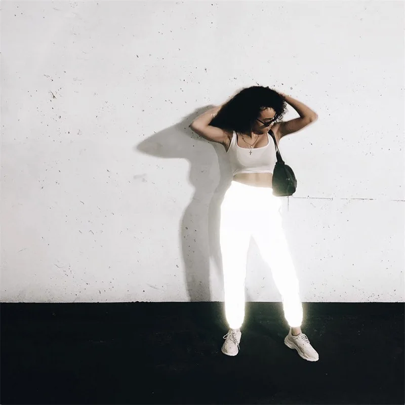 Fashion Flash Reflective Jogger Pants Women Solid Silver Casual Reflective Fold Slim Girl Outside Hiphop Streetwear Trousers Fashion Flash Reflective Jogger Pants Women Solid Silver Casual Reflective Fold Slim Girl Outside Hiphop Streetwear Trousers