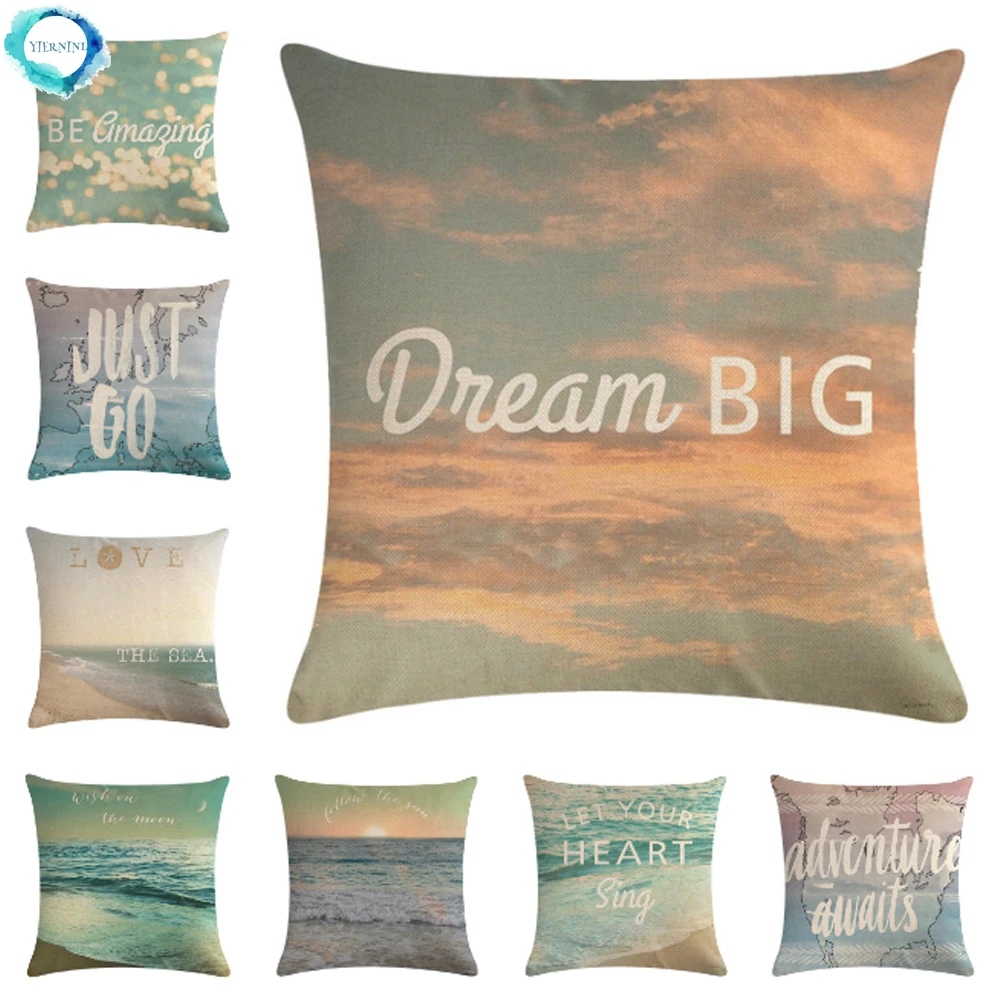 

Sunset Scenery Seaside Cotton Linen Cushion Cover Letters Print Decorative Pillow Cases for Sofa Couch Bedroom Home Decor