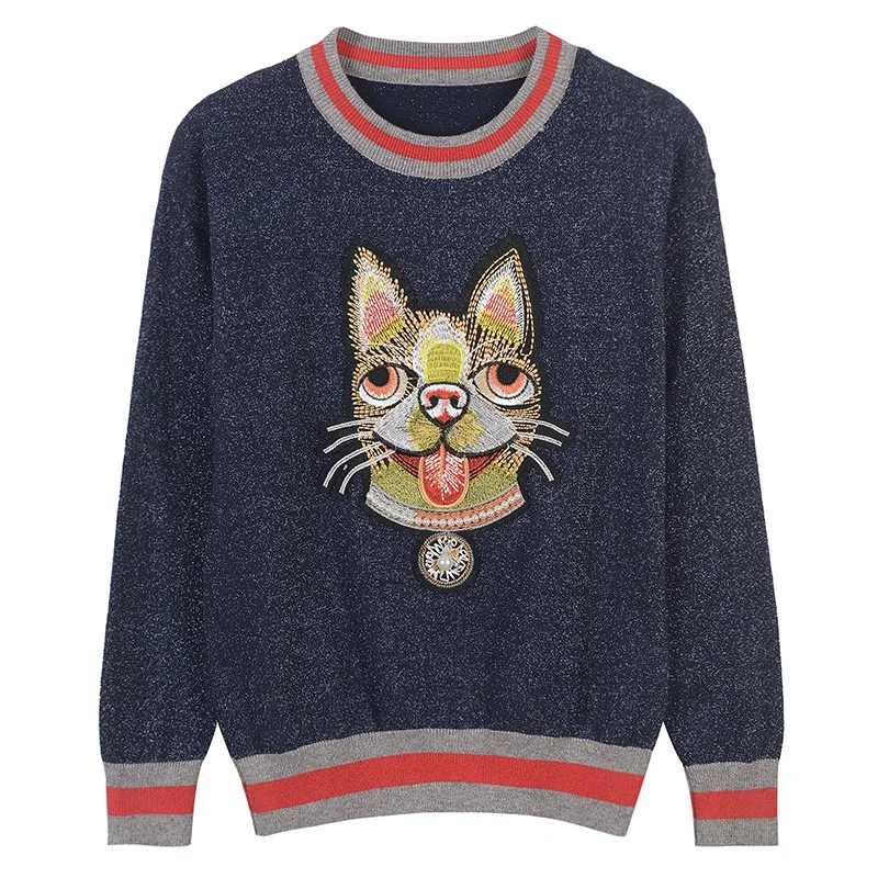 Women Sweater Animal Dog Head Embroidery Jumper Lurex Striped Pearl Beading Jersey Runway Slim Long Sleeve Pullovers Knitted Top
Women Sweater Animal Dog Head Embroidery Jumper Lurex Striped Pearl Beading Jersey Runway Slim Long Sleeve Pullovers Knitted Top