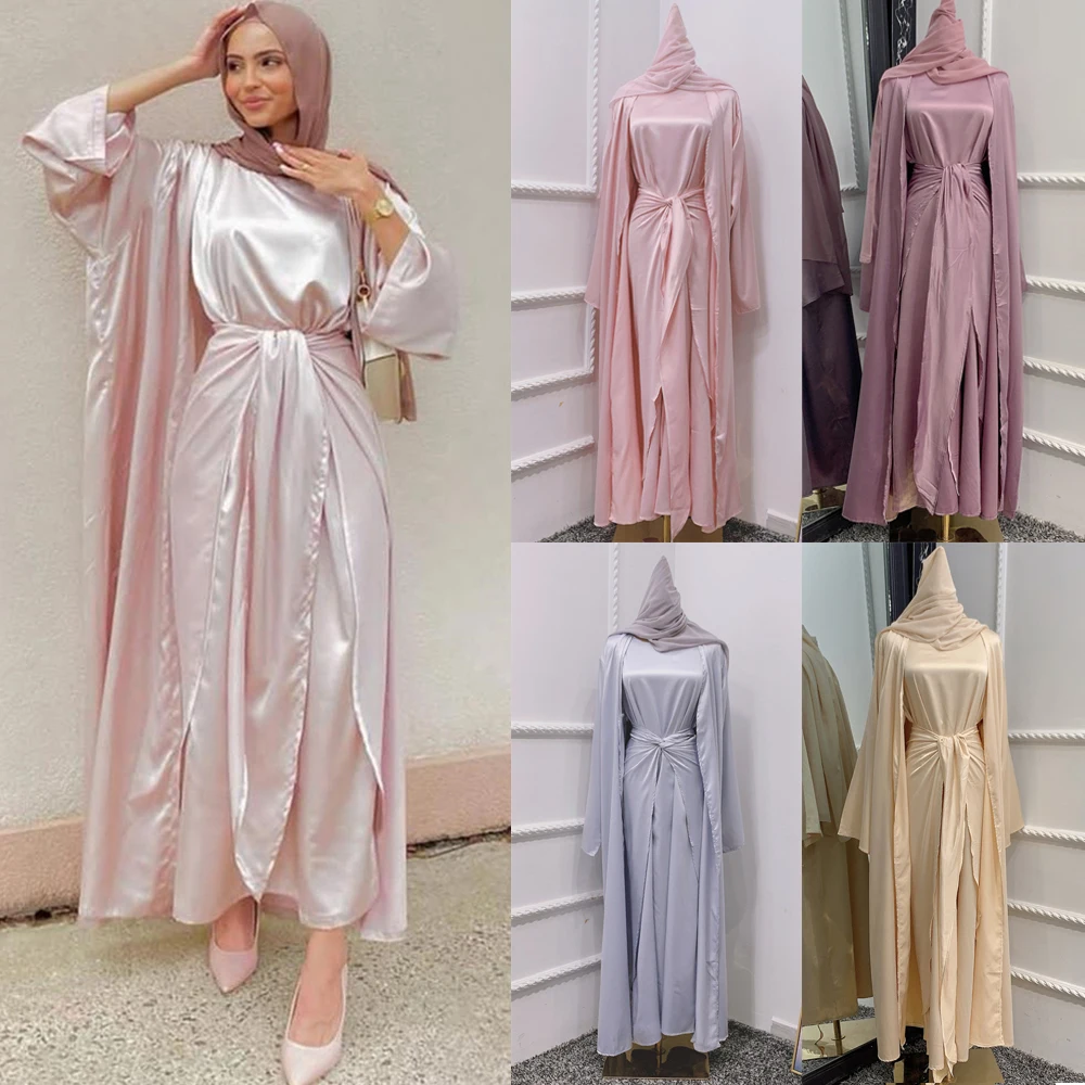 

Turkey Muslim Women Solid Color 3PCS/4PCS Set Arabic Abaya Kimono+Wrap+Dress Hijab Maxi Robe Ramadan Islamic Middle East Kaftan